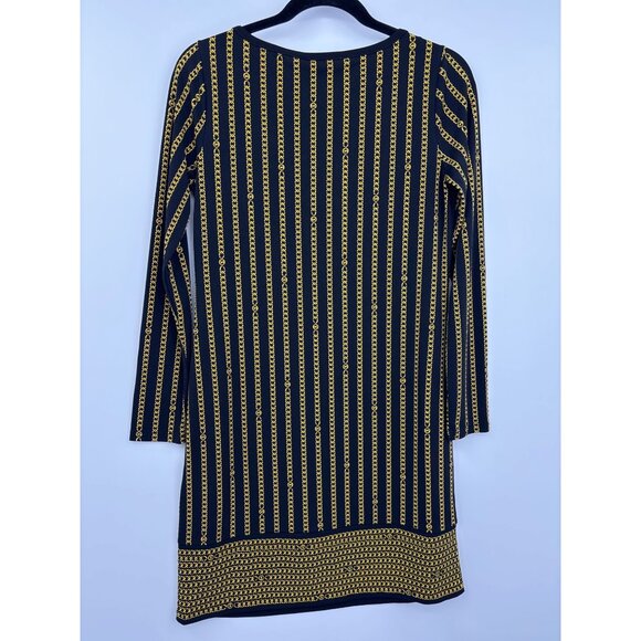 Michael Kors Chain Print Stretch Long Sleeve Dress Black Gold Petite Small - Picture 6 of 6